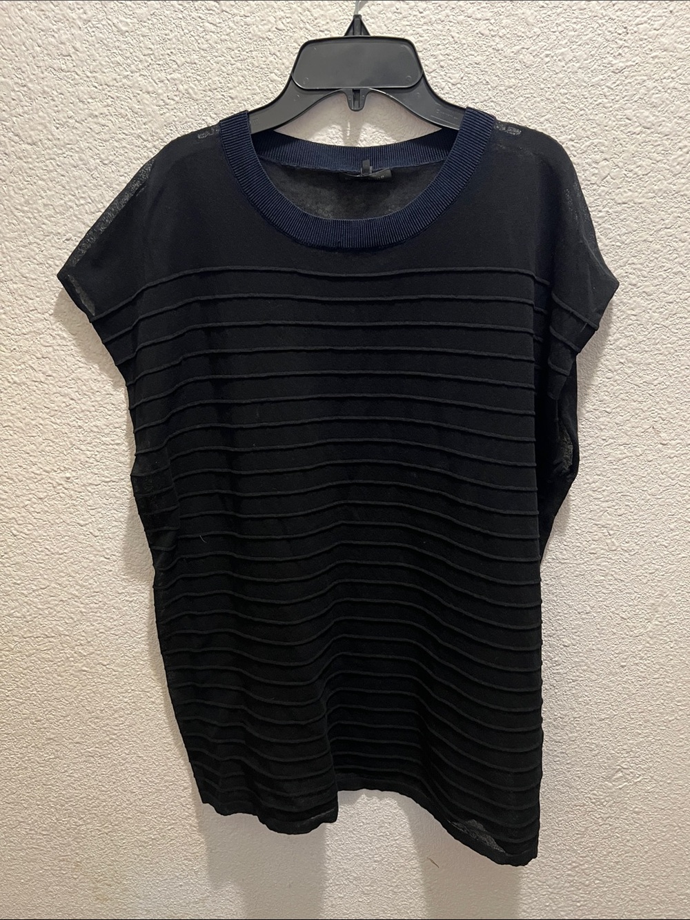 rag & bone Black Ribbed Short-Sleeve Knit Top with Black Collar see through